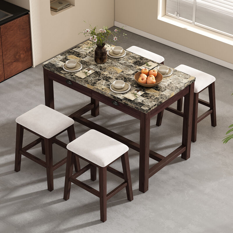 Merax 5-Piece Modern Faux Marble  Bar Table Dining Set