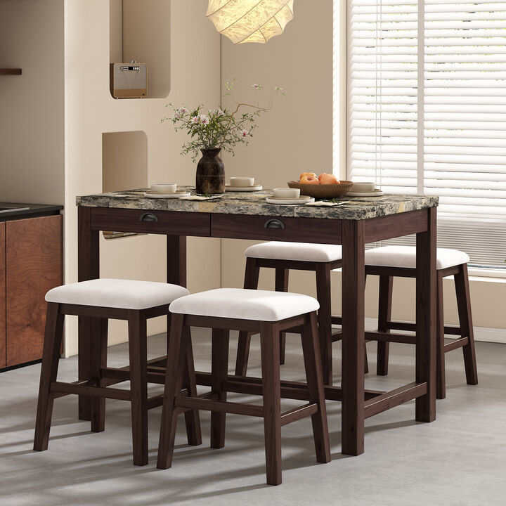 5-Piece  Dining Table Set for 4, Counter Height Modern Kitchen Table and Chairs Set of 4 with Storage Drawers, Marble Dining Table with 4 Upholstered Chairs for Small Space (Walnut)
