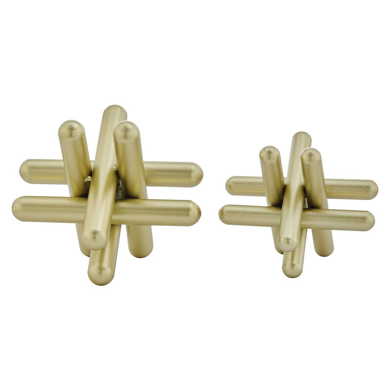 Small and Medium Abstract Gold Finish Textured Metal Geometric Sculptures - Set of 2