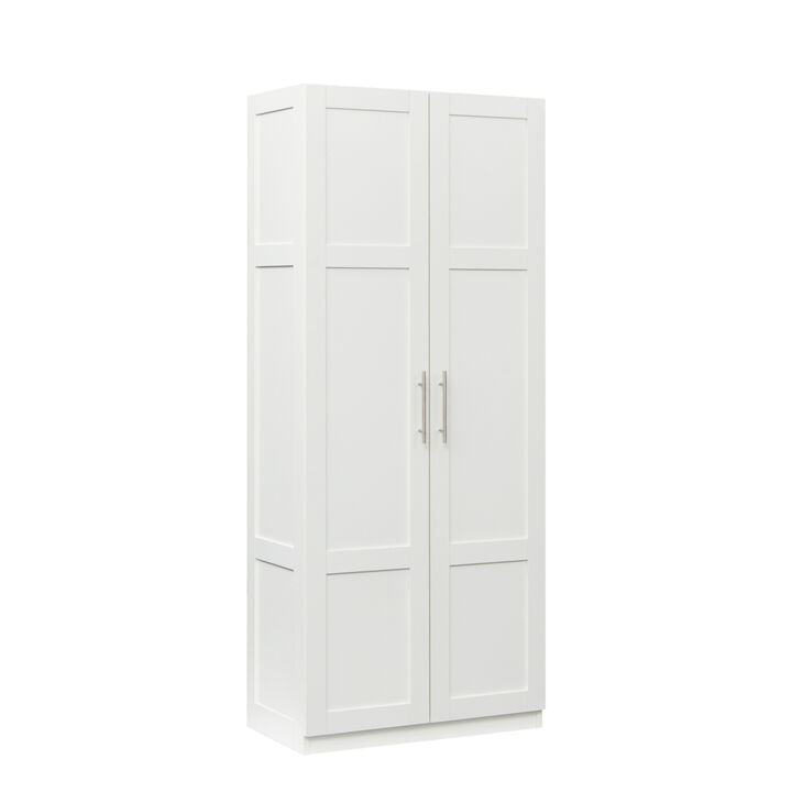 High Wardrobe And Kitchen Cabinet With 2 Doors And 3 Partitions To Separate 4 Storage Spaces, White