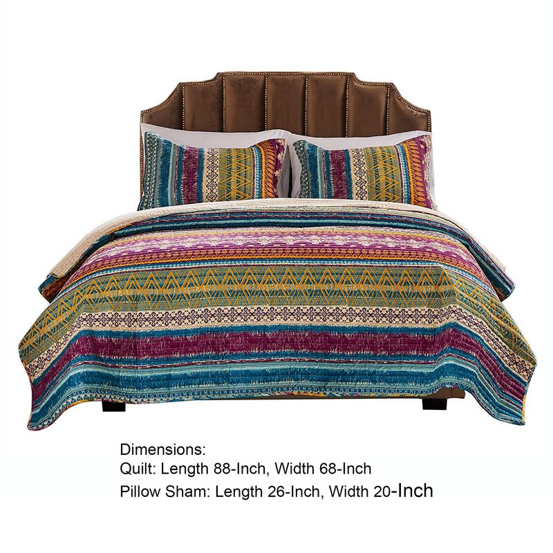 Tribal Motif Print Cotton Twin Quilt Set with 1 Pillow Sham, Multicolor - Benzara