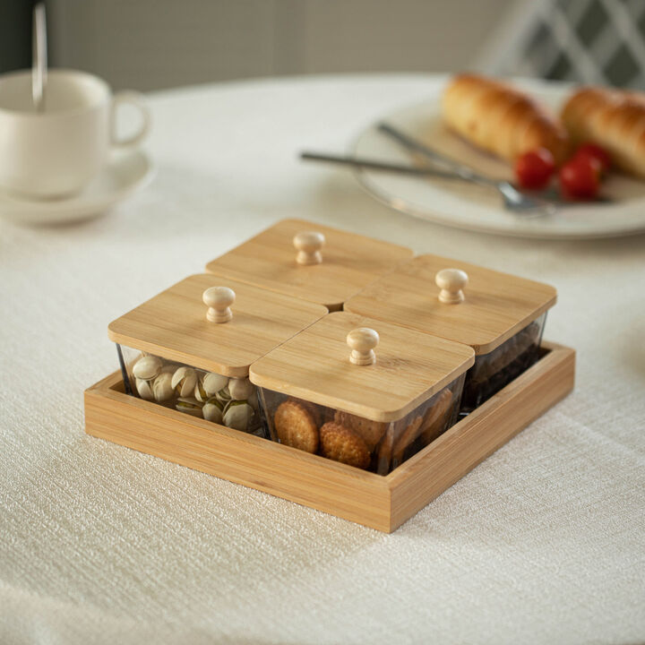 Basicwise Set of 4 Square Glass Jars with Bamboo Lids and Wooden Tray – Square Charcuterie, Snack Organizer and Fruit Platter for Party, Candy Jars, Cookies, Nuts, Fruits and Snack Box