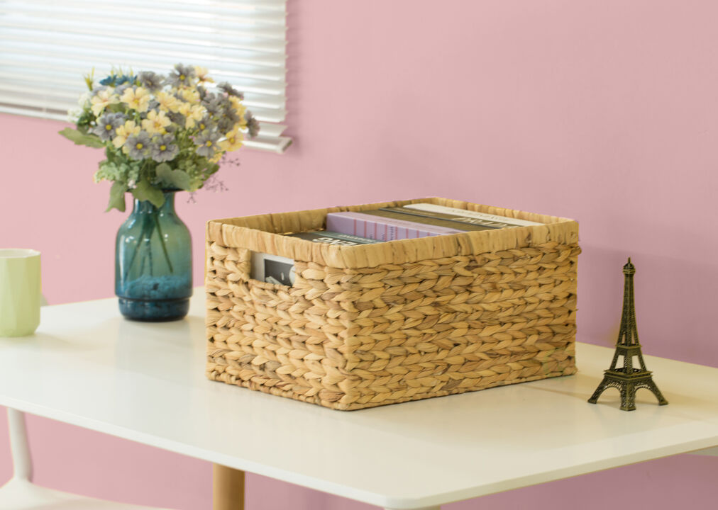 Natural Woven Water Hyacinth Wicker Rectangular Storage Bin Basket with Handles, Large