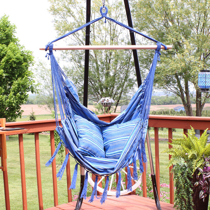 Sunnydaze Polyester Hammock Chair with Cushions and Fringe - Blue Stripes