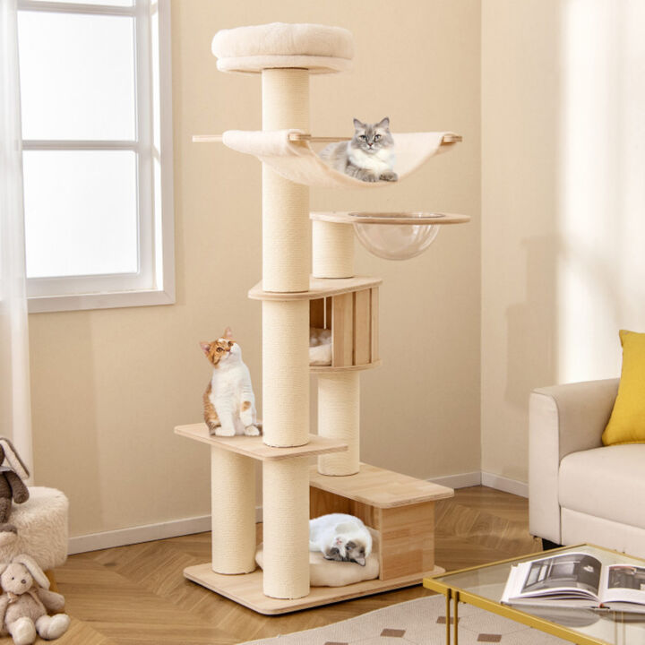 Tall Cat Tree with Cozy Top Perch and Washable Plush Cushions