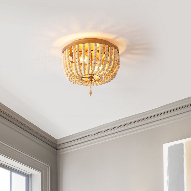 Allison 2-Light Shabby Chic Farmhouse Wood Beaded/Metal LED Flush Mount