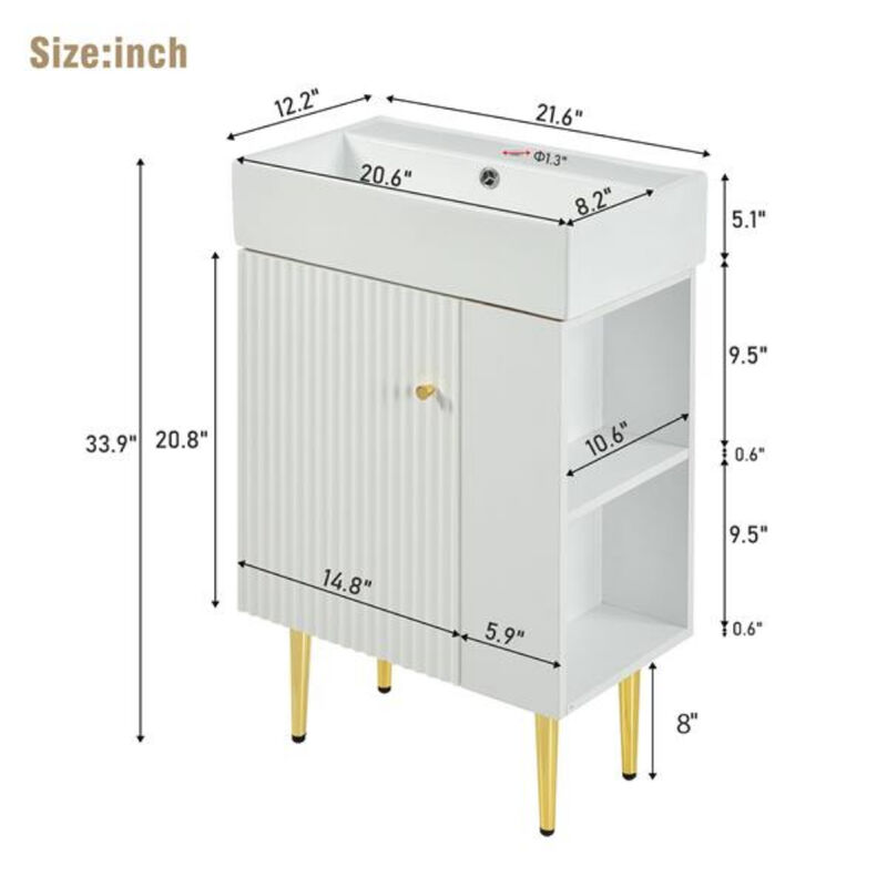 Bathroom Storage Cabinet Combo with Ceramic Sink and Right-Side Storage