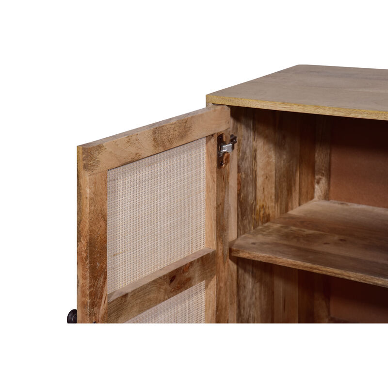 35 Inch Handcrafted Accent Cabinet with 2 Mesh Rattan Doors, Black Iron Legs, Natural Brown Mango Wood Frame-Benzara