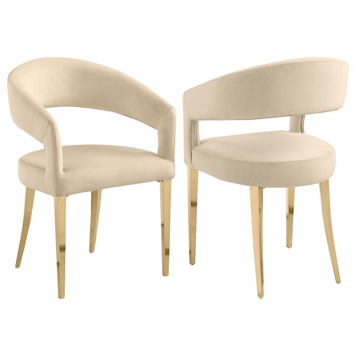 Liano Dining Chair Set of 2, Curved Open Back, Gold Legs, Beige Fabric - Benzara