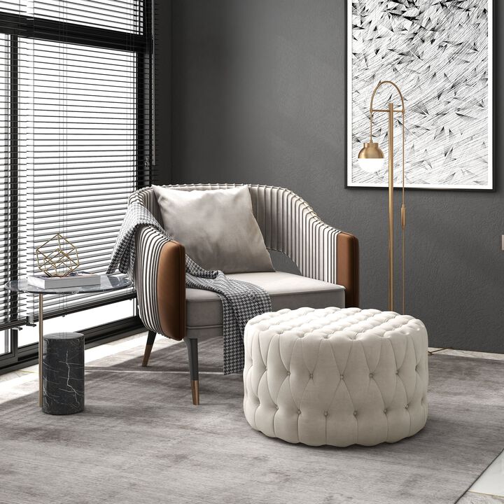 Beige Velvet-Feel Round Ottoman: Button Tufted, Padded Seat