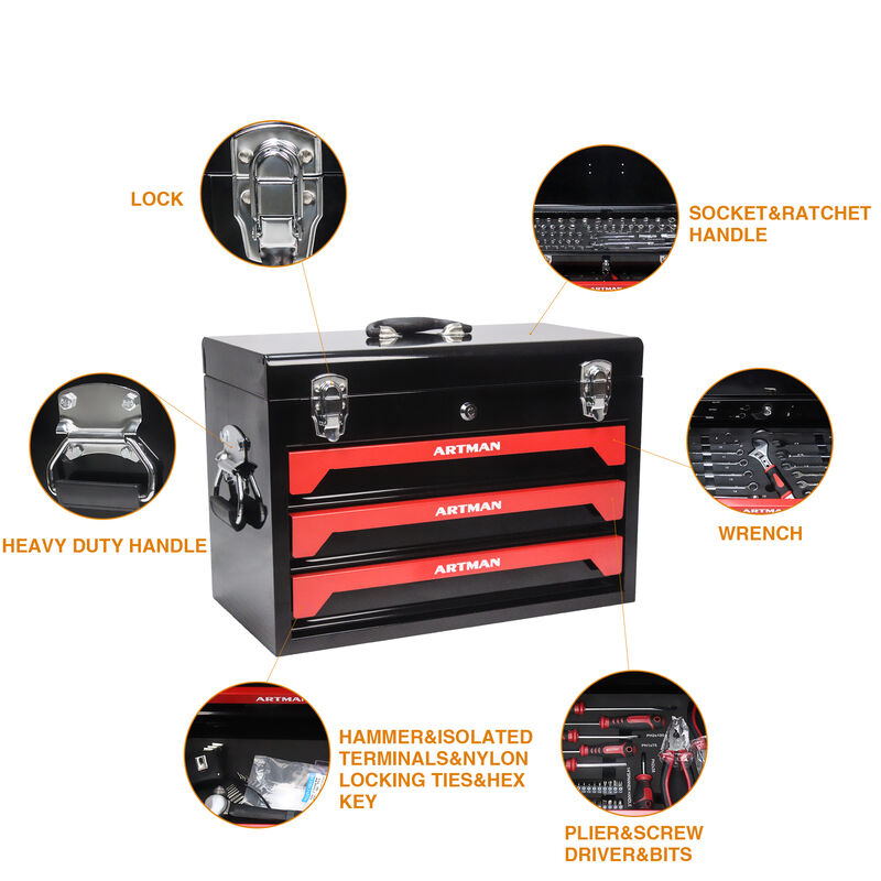 3-Drawer Tool Box with Complete Tool Set for Garage or Workshop