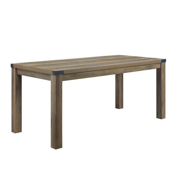 Eli 71 Inch Dining Table, Distressed Rustic Gray, Industrial Metal Rivets - Benzara