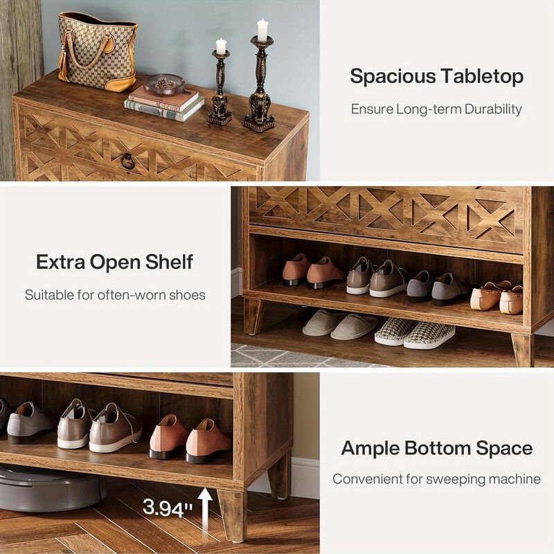 2-Flip Drawer Brown Freestanding Shoe Storage Cabinet, Narrow Entryway Organizer with Adjustable Shelves