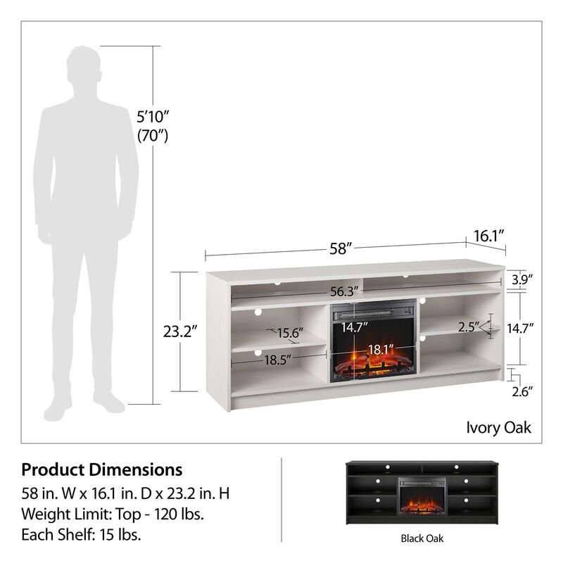 Hendrix 65" TV Stand with Electric Fireplace Insert and 6 Shelves, Ivory Oak