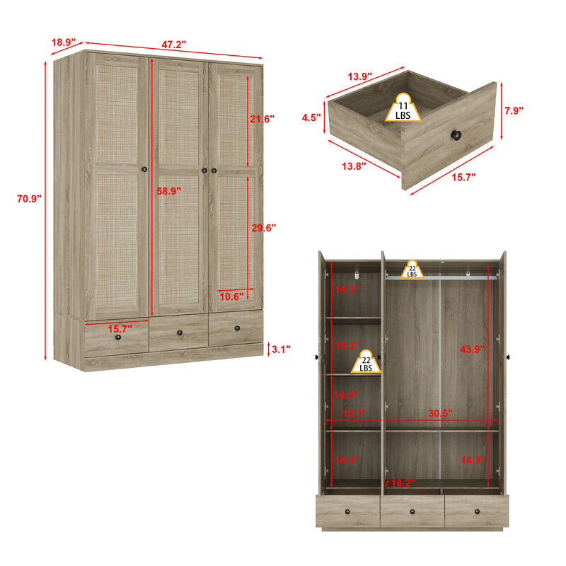 FUFU&GAGA Natural Wood Wardrobe with Shelves, Drawers, and Hanging Space, (47.2" W x 18.9" D x 70.9" H)，Brown