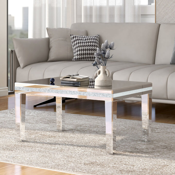 Modern Glass Mirrored Coffee Table with Crystal Design & Height-Adjustable Legs