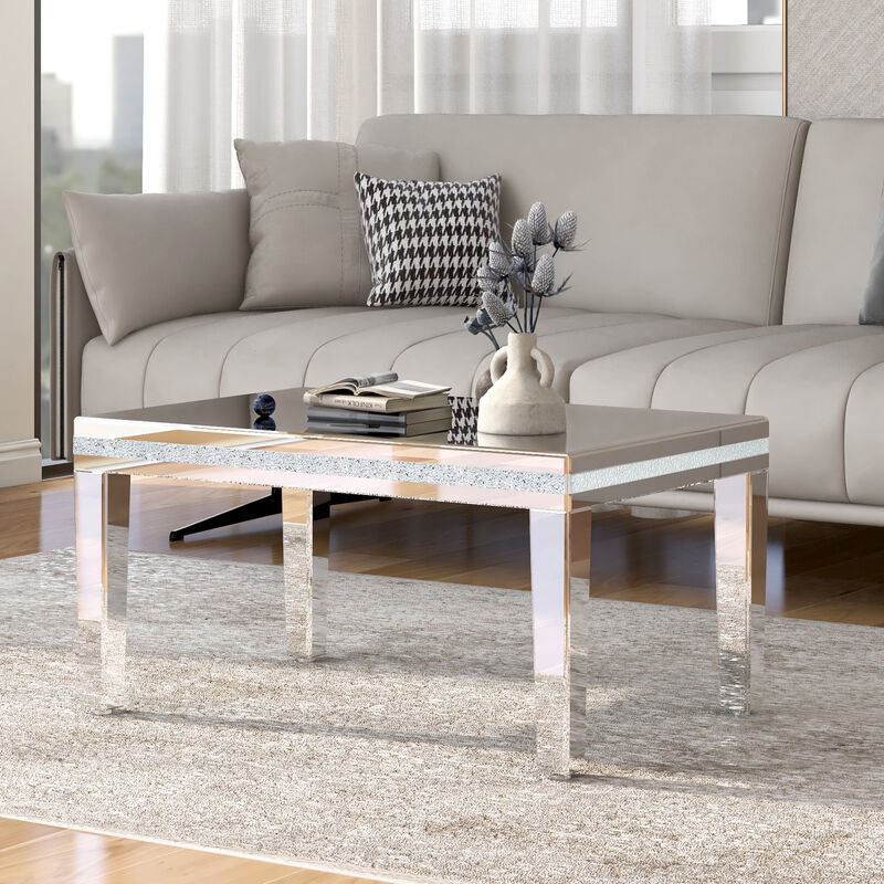 Modern Glass Mirrored Coffee Table with Crystal Design & Height-Adjustable Legs