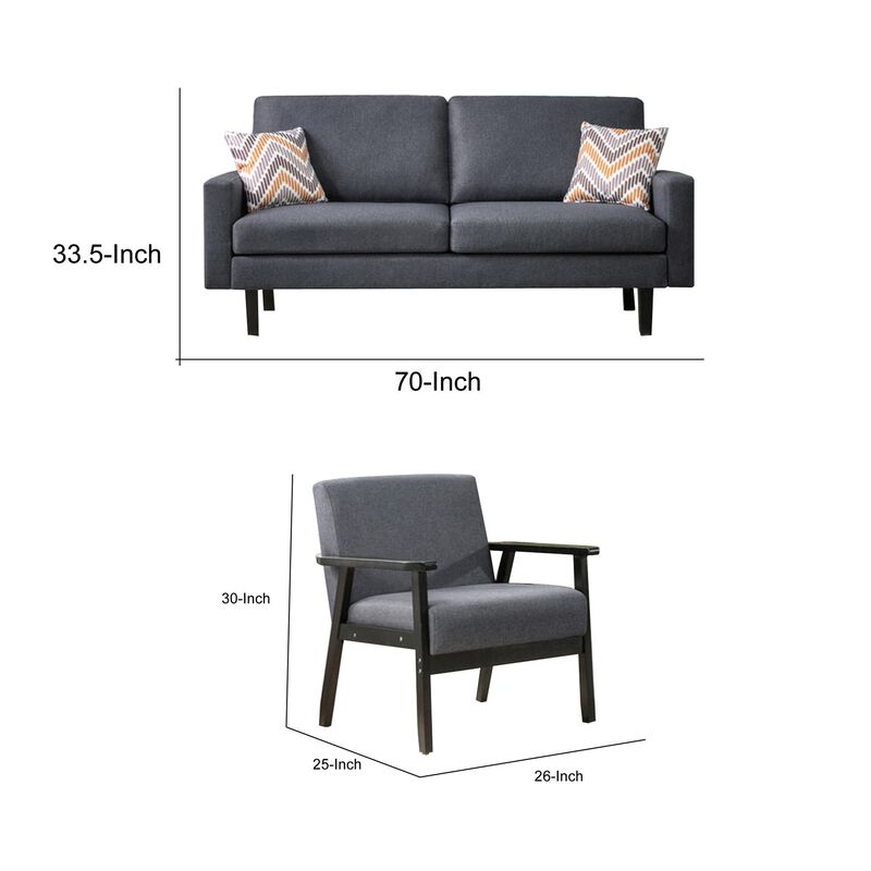 Gala 3 Piece Sofa and Chairs Set, Gray Fabric, 2 Pillows, Black Wood Frame-Benzara