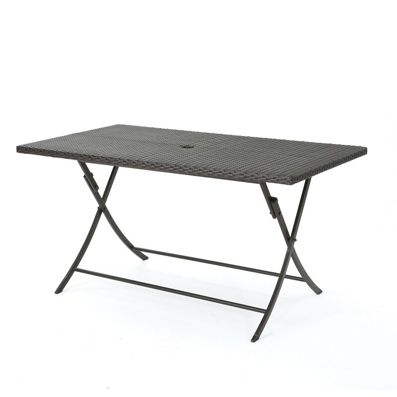 Outdoor Rectangle Foldable Dining Table, 59 Inch, Iron, Multibrown Wicker  - Benzara