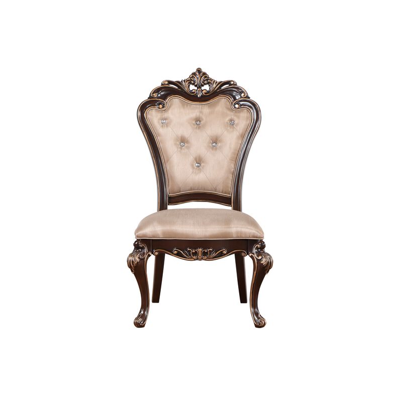 Leon 22 Inch Set of 2 Tufted Dining Chairs, Cherry Brown Wood, Beige Fabric - Benzara