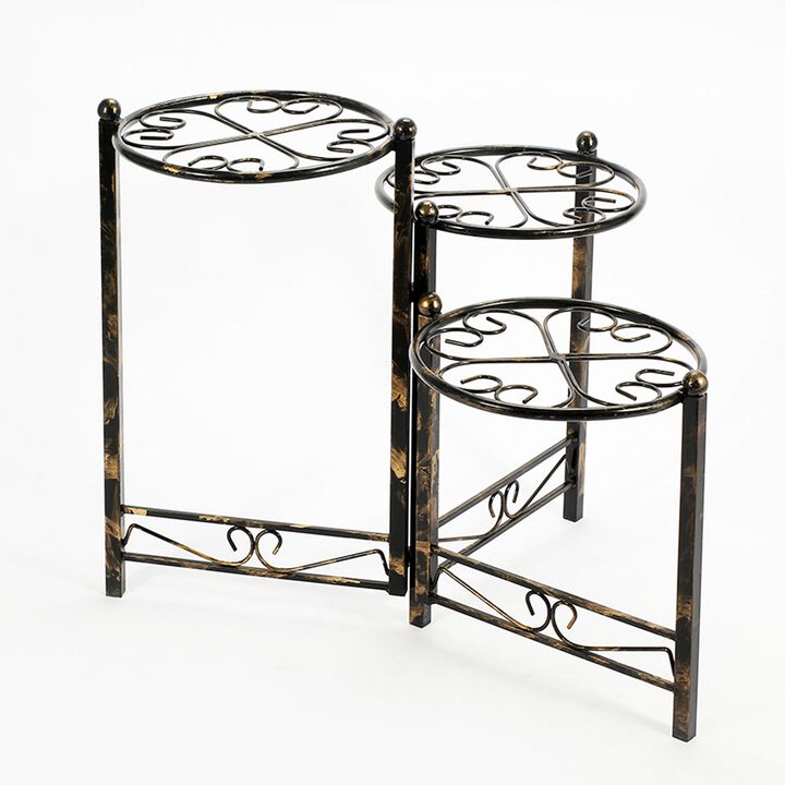 3 Tier Heart Clover Design Round Top Metal Plant Stand, Black-Benzara