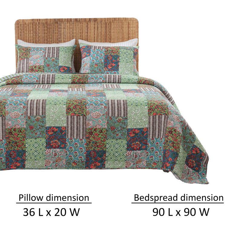 Aby 3pc Full/Queen Quilt Set, Reversible Patchwork, Jade Green Cotton