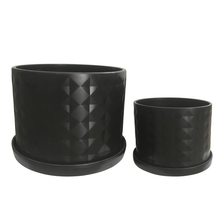 Sagebrook Home S/2 10/12 Diamond Planter W/ Saucer, Black