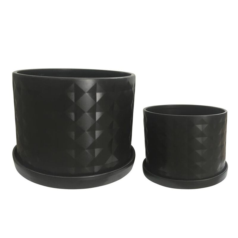 Sagebrook Home S/2 10/12 Diamond Planter W/ Saucer, Black