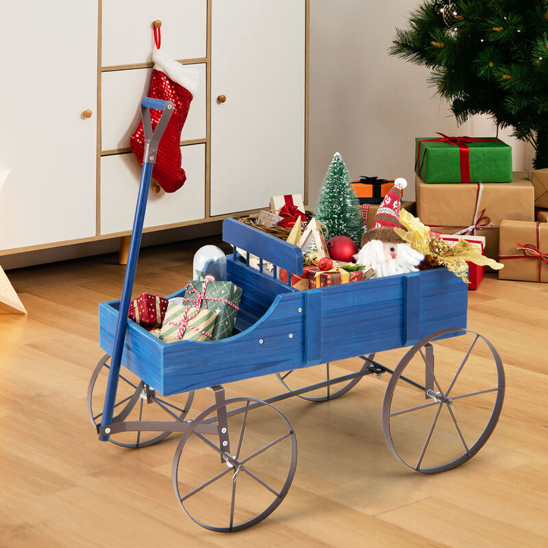 Wooden Wagon Plant Bed With Wheel for Garden Yard