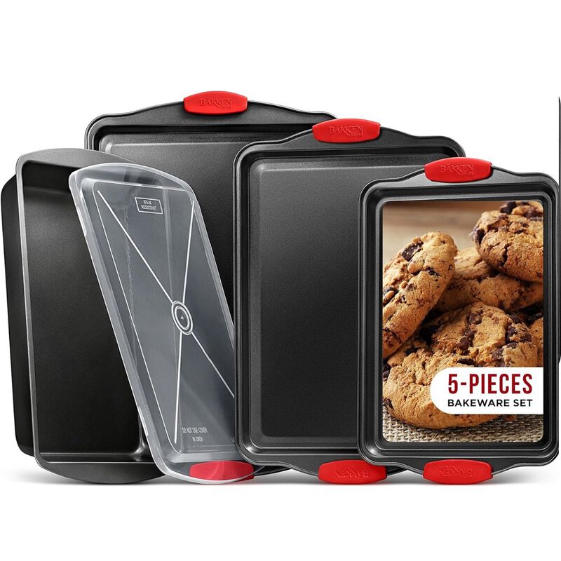 Nonstick Cookie Sheet Pans Set of 5 - Professional Quality Carbon Steel Baking Sheet Trays with Gray Coating Inside & Outside – Small, Medium, Large Pans, Roaster Pan, and Plastic Lid