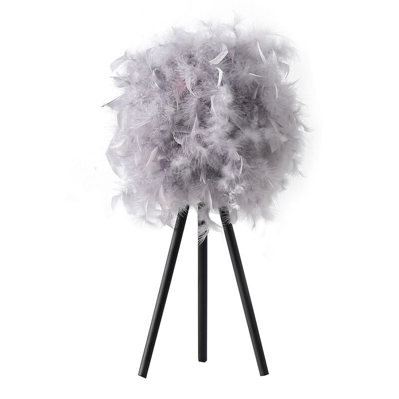 Rio 21 Inch Accent Table Lamp, Gray Feather Shade, Black Metal Tripod Base - Benzara