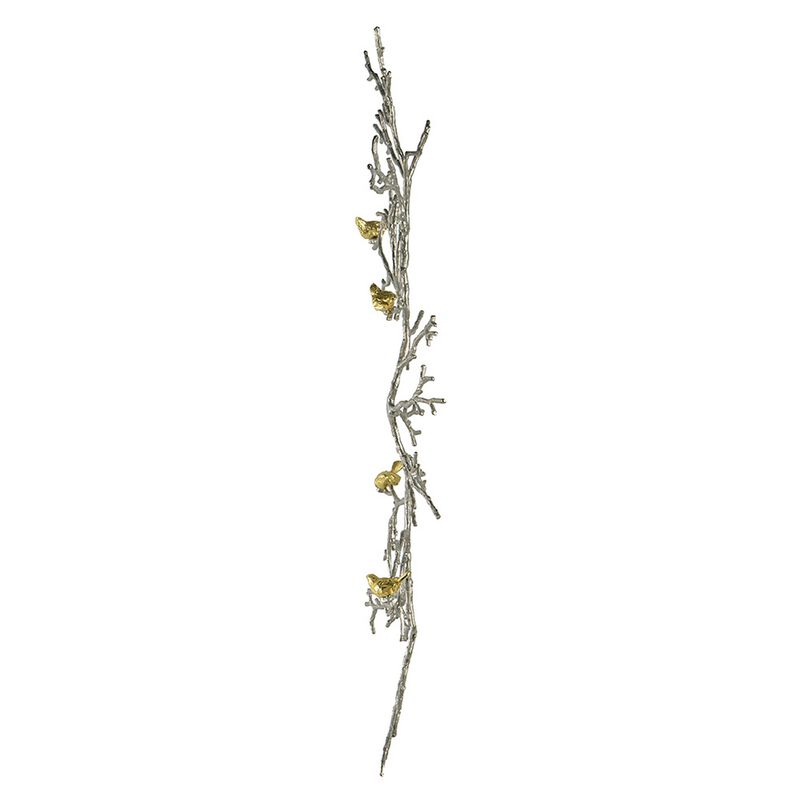 Branch Shape Aluminum Wall Decor with Gold Accented Four Birds, Silver - Benzara
