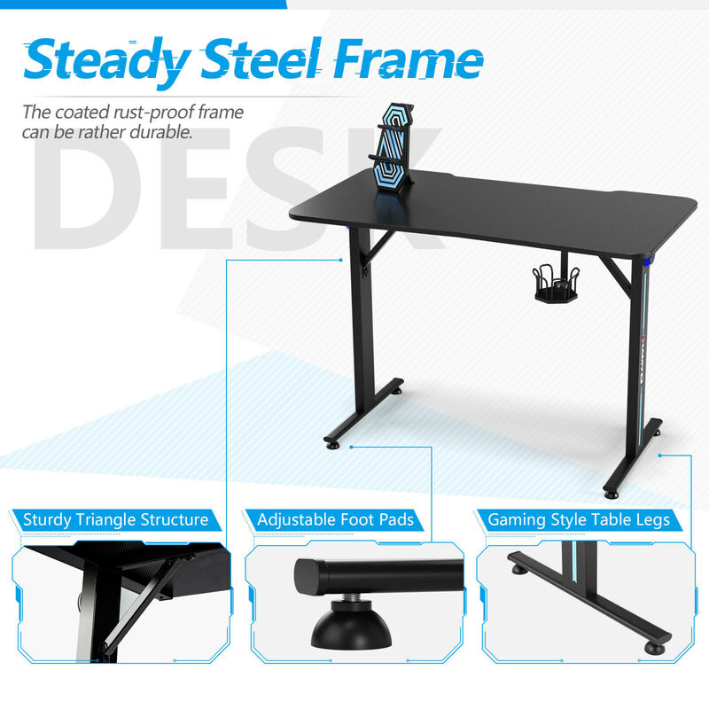 Costway Gaming Desk Home Office PC Computer Desk w/LED Lignt&Gaming Handle Rack