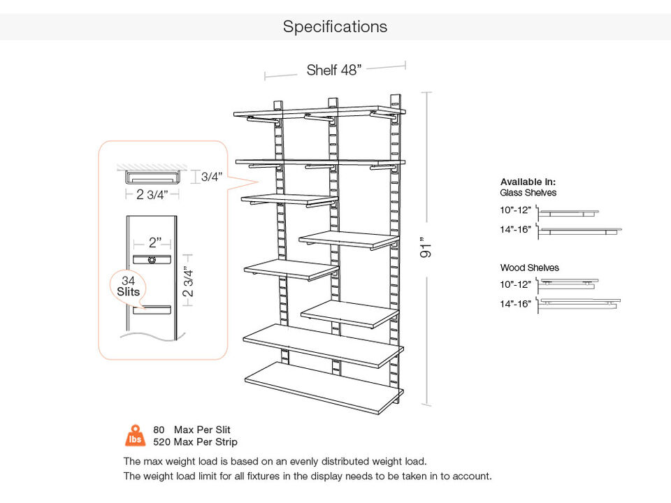 Trendy  Living Room Shelving System 91" High with 12 Mixed Glass Shelves 24" and 48" Length 14"-16" Width | 2 Sections- Shelves Sold Separately