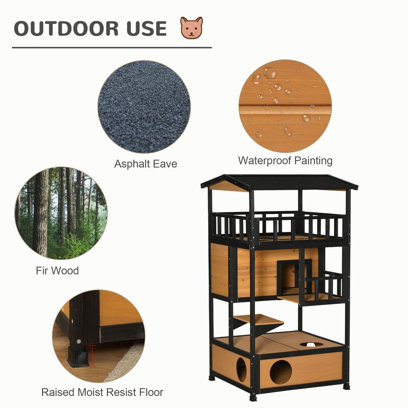 Yellow Wooden Cat Condo: Outdoor Kitten Tree with Escape Doors