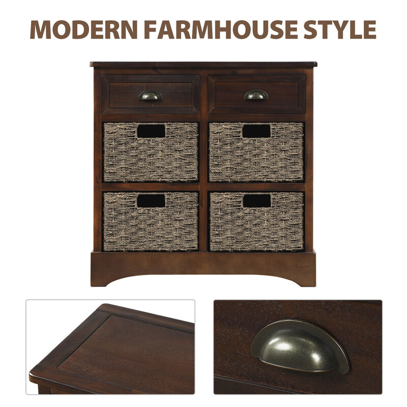Rustic Storage Cabinet With Two Drawers And Four Classic Rattan Basket