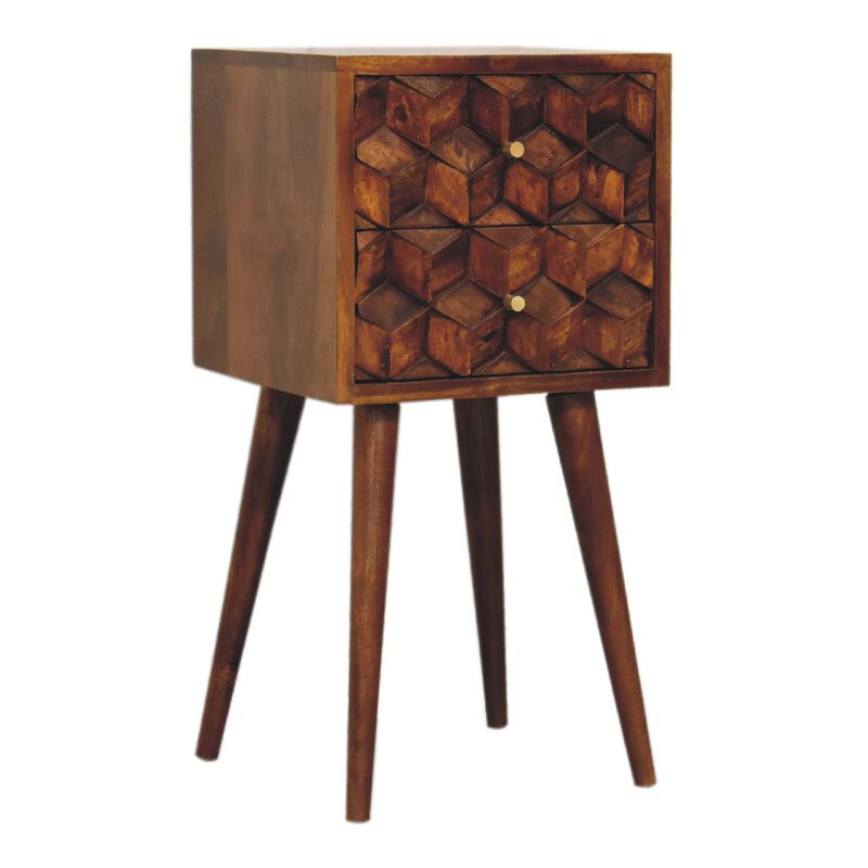 Mini Chestnut Cube Carved 2 Drawer Solid Wood Nightstand
