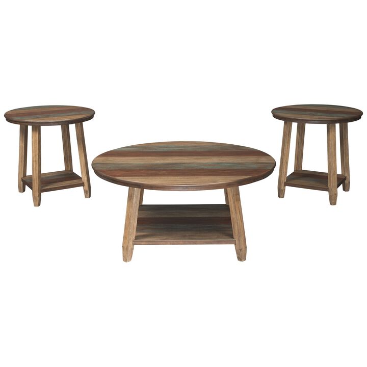 Rustic Plank Style Round Shape Cocktail and 2 End Tables, Set of 3, Brown- Benzara