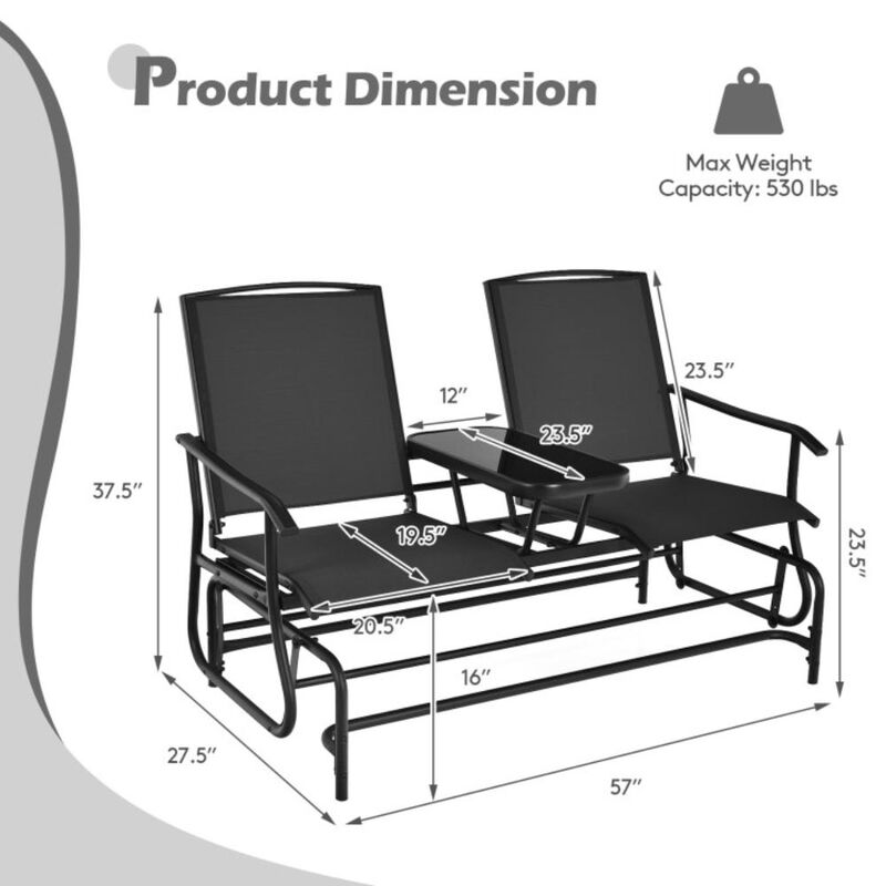 Hivvago 2-Person Double Rocking Loveseat with Mesh Fabric and Center Tempered Glass Table