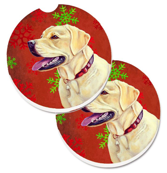 Caroline's Treasures Labrador Red & green Snowflakes Holiday Christmas Set of 2 Cup Holder Car Coasters LH9338CARC, 2.56, Multicolor