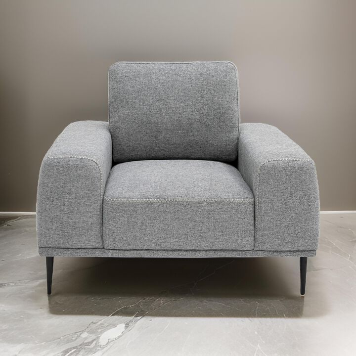 Reno Zica 44 Inch Accent Chair, Gray Polyester, Black Metal Legs, Wood - Benzara