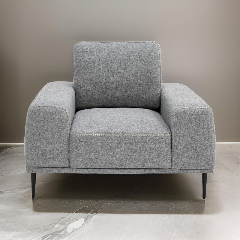 Reno Zica 44 Inch Accent Chair, Gray Polyester, Black Metal Legs, Wood - Benzara