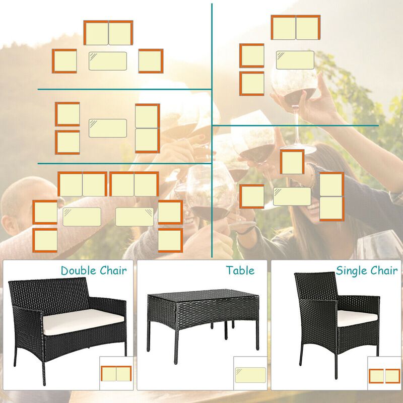 4 Pieces Patio Rattan Cushioned Conversation Sets with Tempered Glass Coffee Table