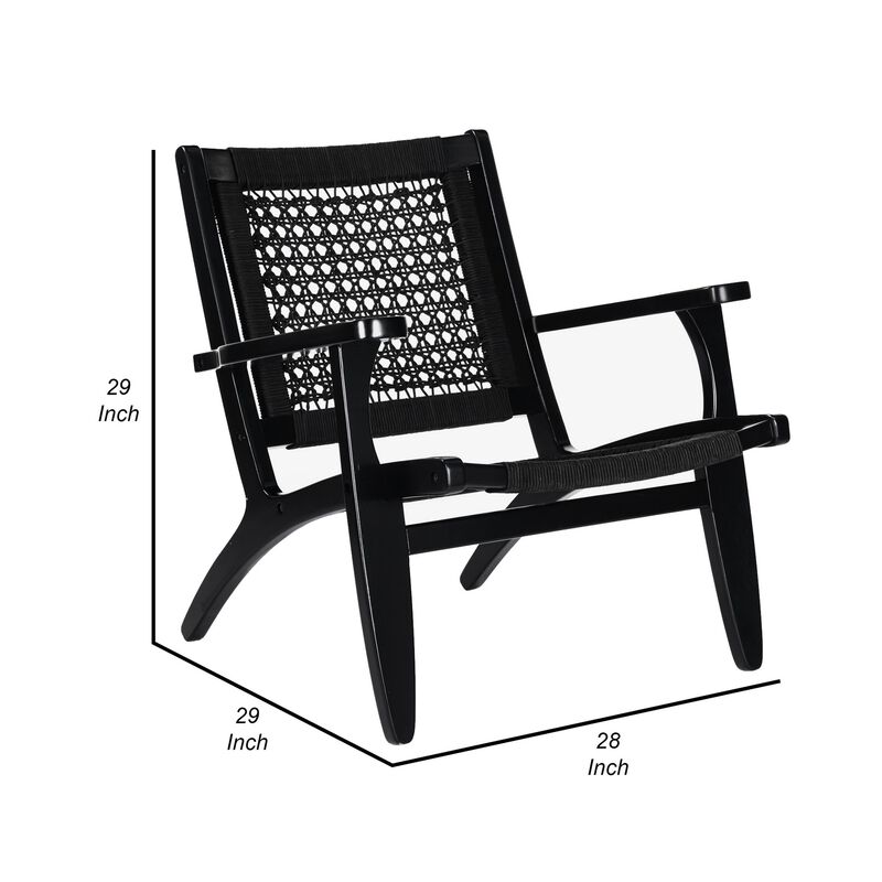 Heor 29 Inch Accent Chair, Hexagon Rope Woven Back, Seat, Black Wood  - Benzara