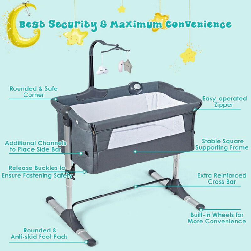 Height Adjustable Baby Side Crib  with Music Box & Toys