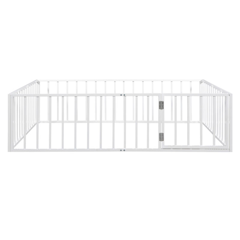 Streamdale Queen Size Metal Floor Bed Frame With Fence And Door, White