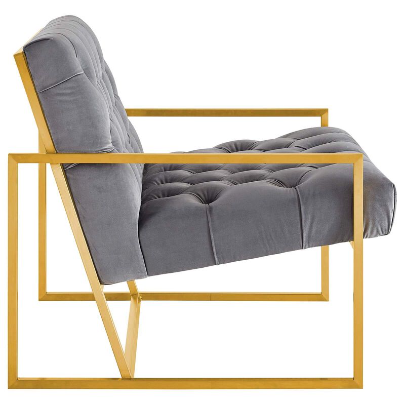 Modway Bequest Performance Velvet Upholstered Accent Lounge Arm Chair with Gold Stainless Steel Frame in Gray