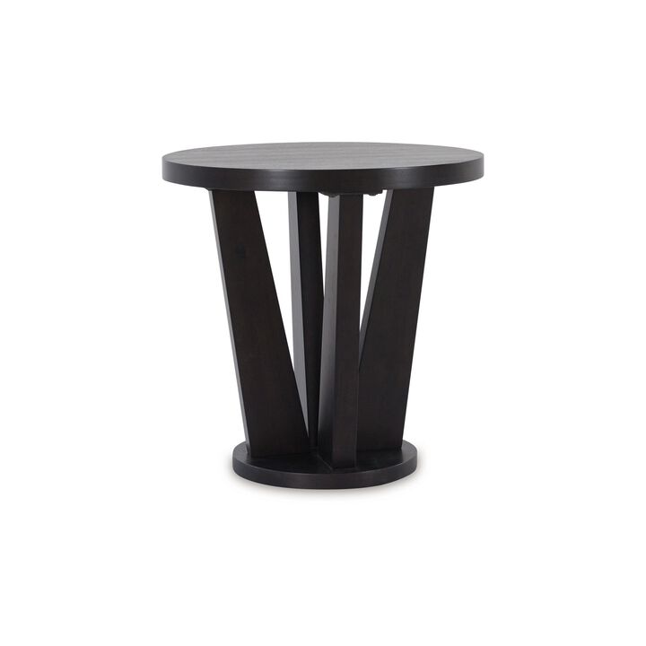 Chloe Side End Table, 24 Inch Round, Angled Pedestal Base, Dark Brown - Benzara