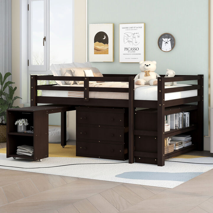 Low Study Full Loft Bed With Cabinet, Shelves And Rolling Portable Desk, Multiple Functions