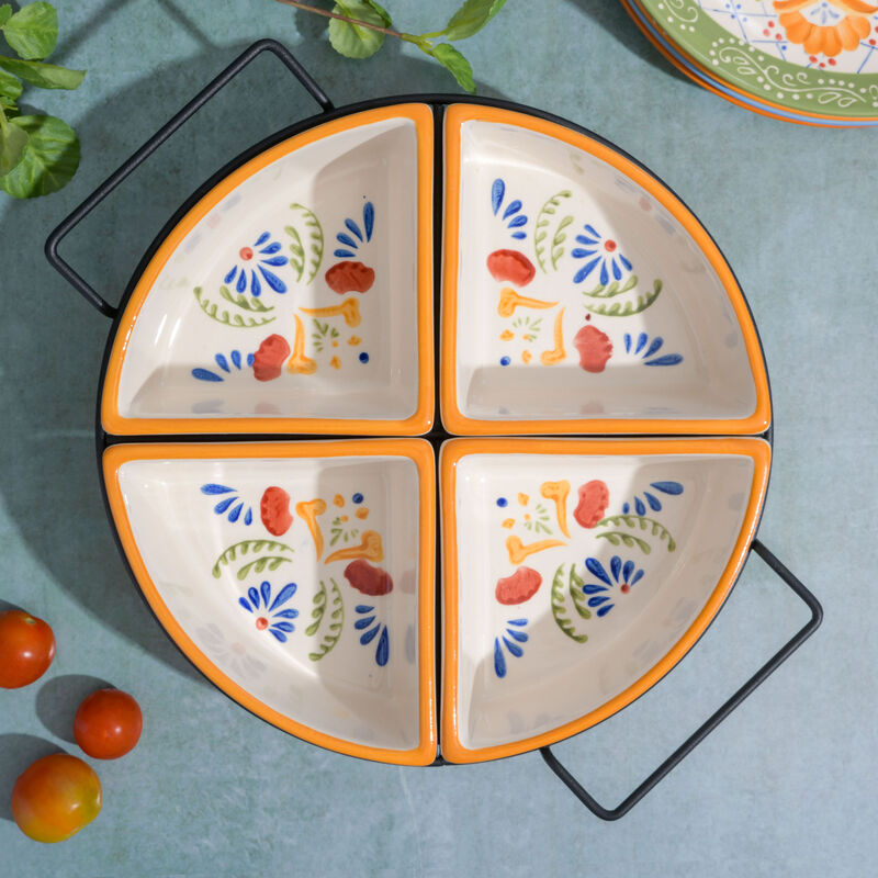 Laurie Gates Tierra 4-Section Hand Painted Stoneware Tidbit Dish with Metal Rack
